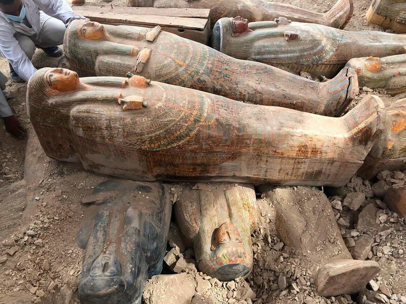 Recently discovered ancient coloured coffins with inscriptions and paintings, in the southern city of Luxor, Egypt.  AP
