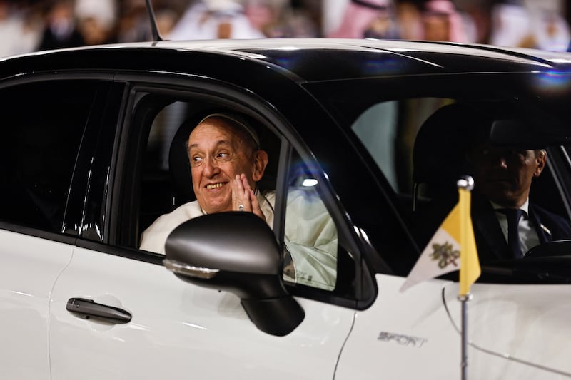 Pope Francis leaves after attending a meeting with Bahrain's Crown Prince and Prime Minister Salman bin Hamad Al Khalifa and King Hamad bin Isa Al Khalifa at Sakhir Palace, south of Manama, Bahrain. Reuters