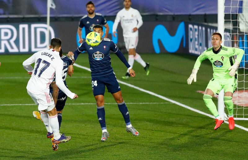 Real Madrid's Lucas Vazquez scores their first goal. Reuters
