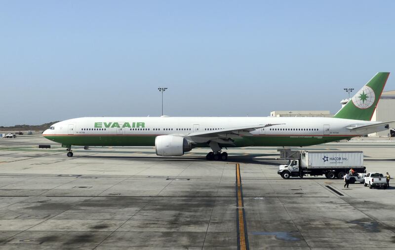 An Eva Air plane sits on the tarmac at Los Angeles International Airport (LAX) in Los Angeles on October 29, 2019. (Photo by Daniel SLIM / AFP)