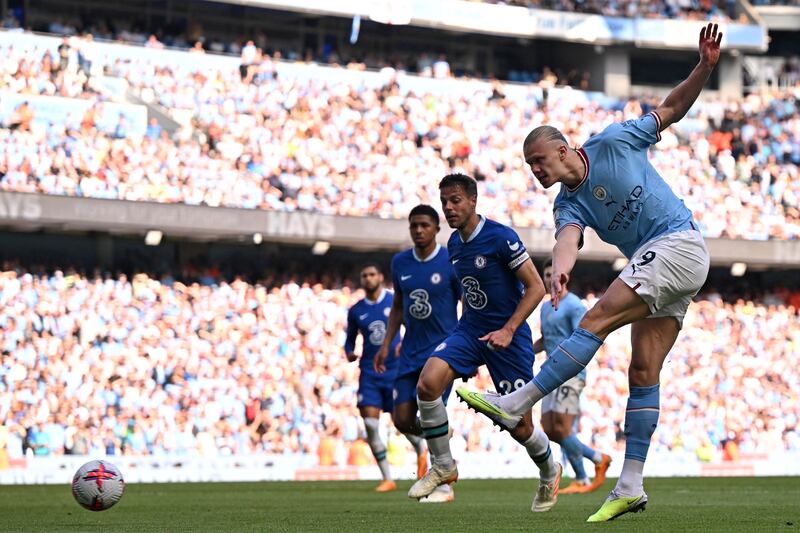 City substitute Erling Haaland shoots at goal. AFP