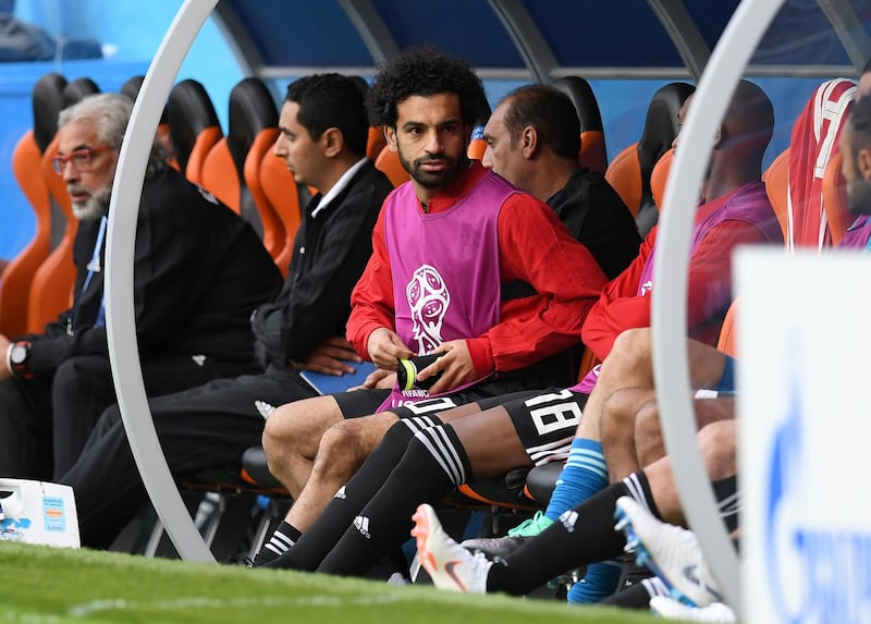 YEKATERINBURG, RUSSIA - JUNE 15:  Mohamed Salah of Egypt looks on during the 2018 FIFA World Cup Russia group A match between Egypt and Uruguay at Ekaterinburg Arena on June 15, 2018 in Yekaterinburg, Russia.  (Photo by Matthias Hangst/Getty Images)