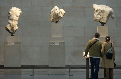 Sections of the Elgin Marbles from the Parthenon on display in the British Museum, in London. PA