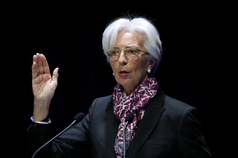 epa07469015 International Monetary Fund (IMF) Managing Director Christine Lagarde makes her speech during the symposium 'The Euro Area: Staying the Course through Uncertainties' at the Banque de France in Paris, France, 28 March 2019. On the occasion of the 20th anniversary of the euro, a symposium is co-organized at the Banque de France with the European Money and Finance Forum (SUERF).  EPA/YOAN VALAT