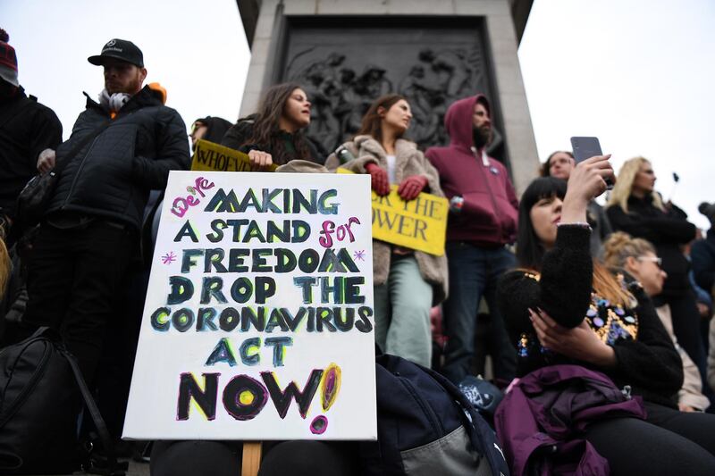 People attend a 'We Do Not Consent' rally at Trafalgar Square in London.  EPA