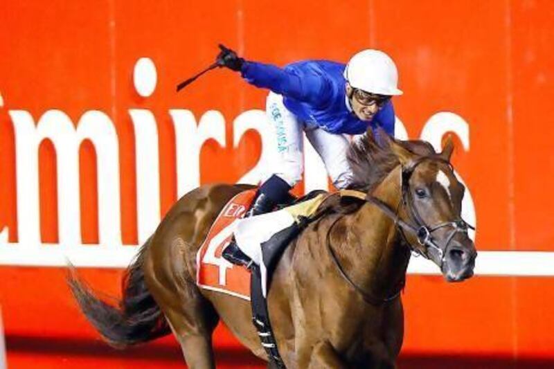Silvestre de Sousa, who rode Hunter's Light to victory last night, says the five year old has a shot at the Dubai World Cup. Satish Kumar / The National