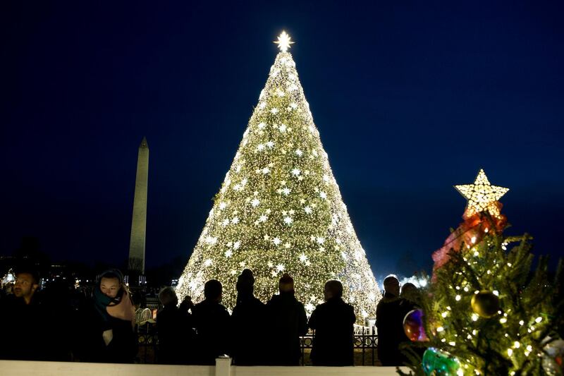 Visitors look at the National Christmas Tree with the Washington Monument in the background on the Ellipse near the White House, in Washington. AP Photo