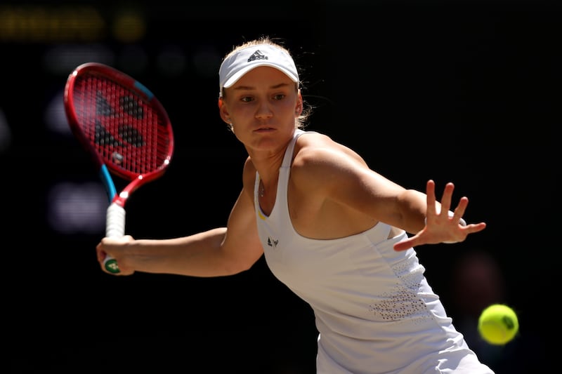 Elena Rybakina plays a forehand against Ons Jabeur. Getty
