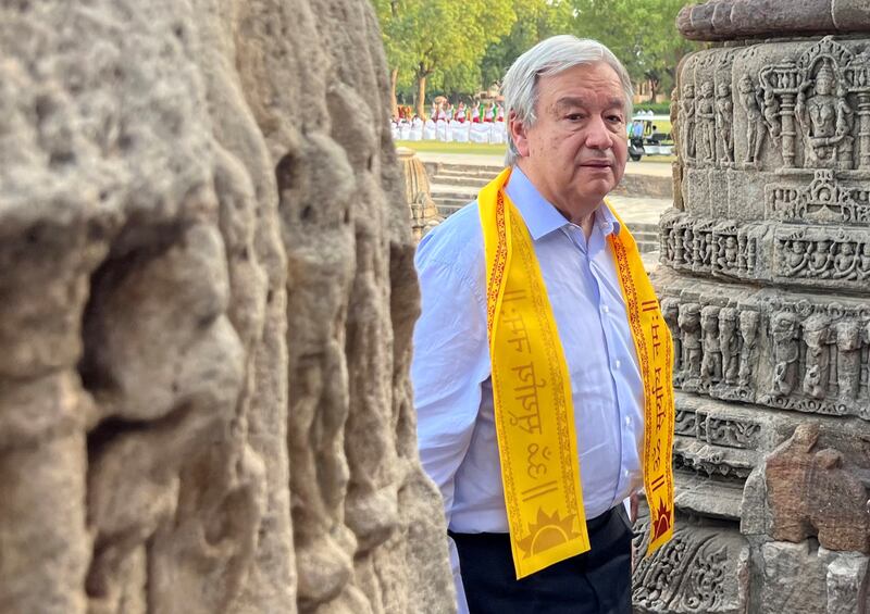 UN Secretary General Antonio Guterres gave an environmental warning at the ancient Hindu Sun Temple in Modhera, in Gujarat state, western India. Reuters