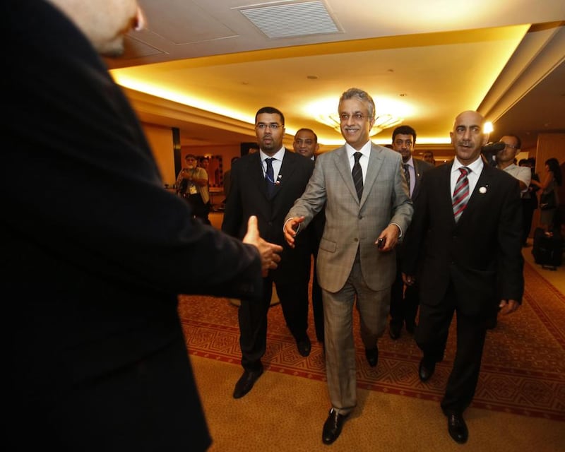 Sheikh Salman bin Ebrahim Al Khalifa of Bahrain, centre, seen here being congratulated after winning in an AFC Extraordinary Congress in Kuala Lumpur in May 2, 2013 to become new Asian Football Confederation president. Bazuki Muhammad / Reuters

