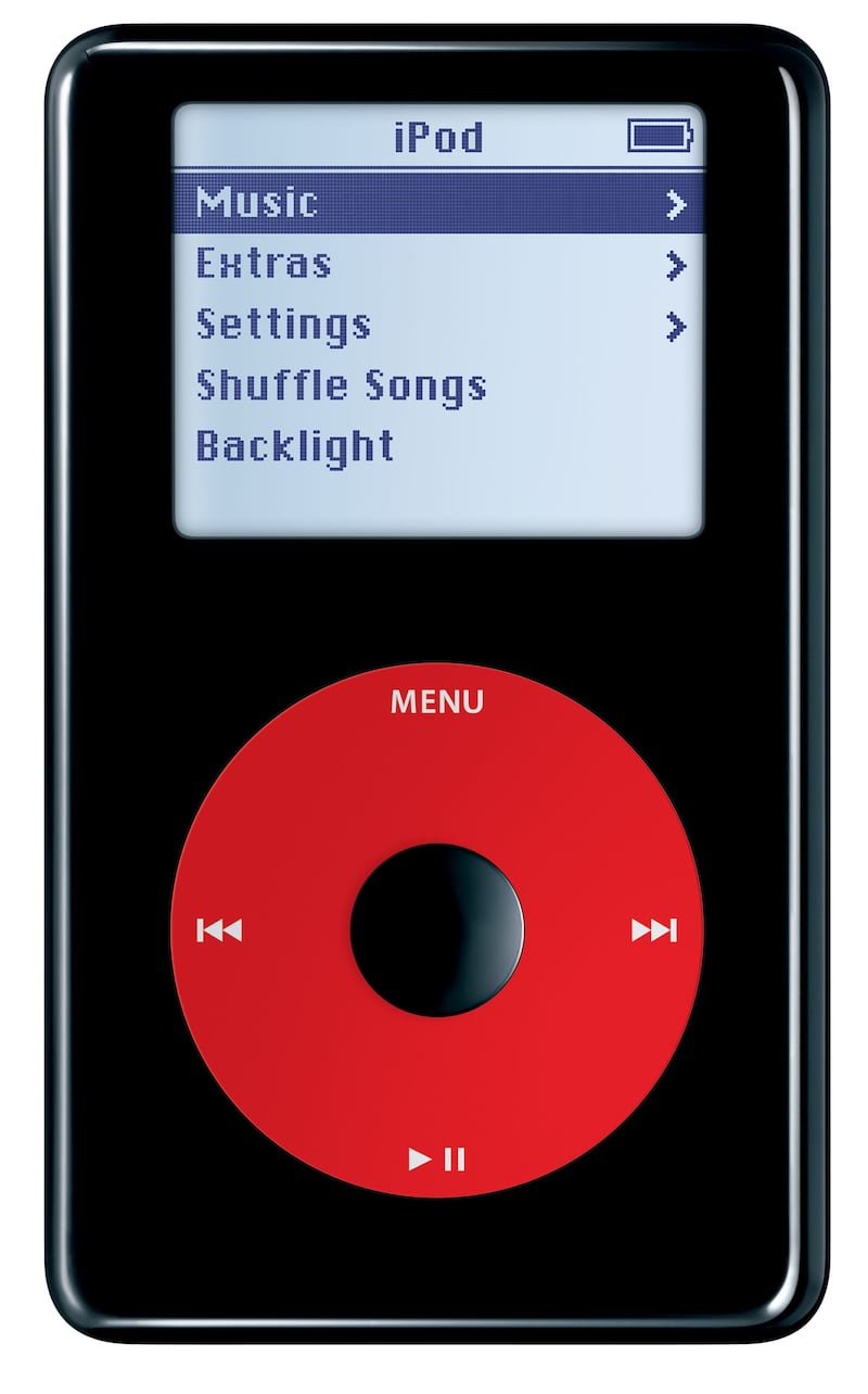 The Apple iPod U2 Edition was released at the same time as the 4th generation. It held up to 5,000 songs and featured a black enclosure with a red click wheel and custom engraving of U2 band member signatures. It retailed at $349. Photo: Apple