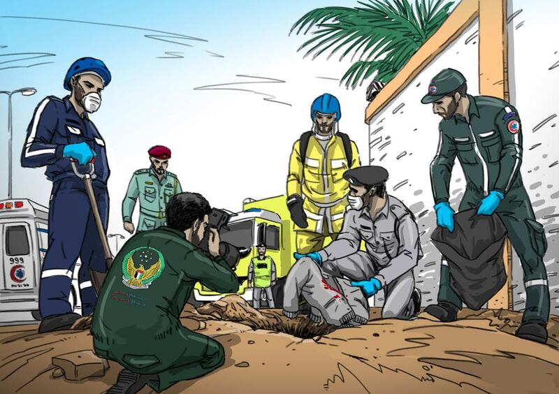 An illustration of a team investigating a report about a blood-stained jumper lying near a home in Khalifa City. Courtesy Security Media 