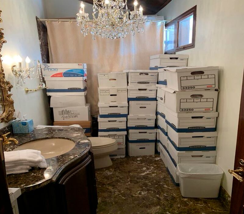 Boxes of records stored in a bathroom in the Lake Room at Donald Trump's Mar-a-Lago estate in Palm Beach, Florida. AP