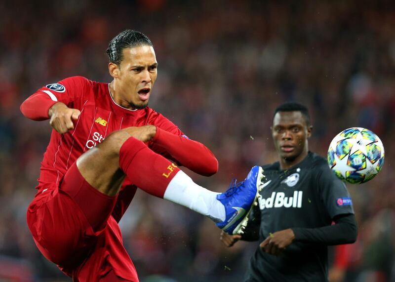 LIVERPOOL, ENGLAND - OCTOBER 02: Virgil van Dijk of Liverpool controls the ball during the UEFA Champions League group E match between Liverpool FC and RB Salzburg at Anfield on October 02, 2019 in Liverpool, United Kingdom. (Photo by Alex Livesey/Getty Images)