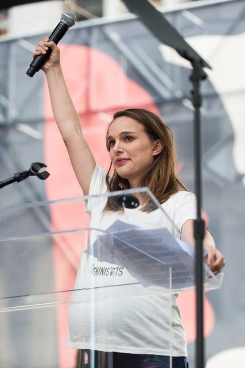 Actress Natalie Portman speaks onstage at the women’s march in Los Angeles. Emma McIntyre / Getty Images / AFP