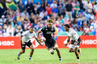 HONG KONG, HONG KONG - APRIL 07: Luke Masirewa of New Zealand in action during their Pool A match between Fiji and New Zealand as part of the  HSBC Hong Kong Sevens 2018 on April 7, 2018 in Hong Kong, Hong Kong. (Photo by Power Sport Images/Getty Images for HSBC)