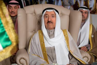 FILE - In this March 31, 2019 file photo, Kuwait's ruling emir, Sheikh Sabah Al Ahmad Al Sabah, attends the opening of the 30th Arab Summit, in Tunis, Tunisia. The White House said Friday that Trump is awarding the Legion of Merit to Kuwait’s Sheikh Sabah Al Ahmad Al Sabah, who, along with Oman, has sought dialog to end a boycott that fellow Gulf Cooperation Council that’s targeted Qatar since June 2017. The emir's eldest son was to accept the award on behalf of his father in a private ceremony. (Fethi Belaid/Pool Photo via AP, File)