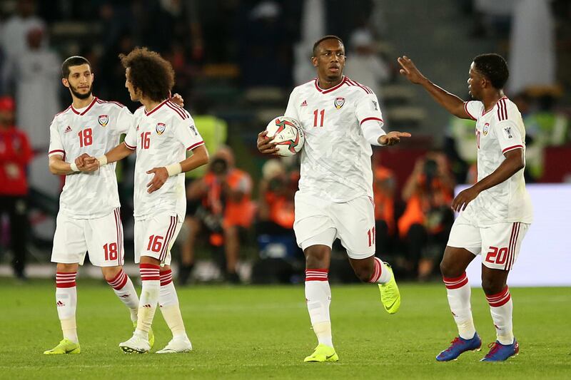 epa07263899 Ahmed Khalil (2-R) celebrates after scoring an equalizer during the 2019 AFC Asian Cup group A preliminary round match between UAE and Bahrain in Abu Dhabi, United Arab Emirates, 05 January 2019.  EPA/MAHMOUD KHALED