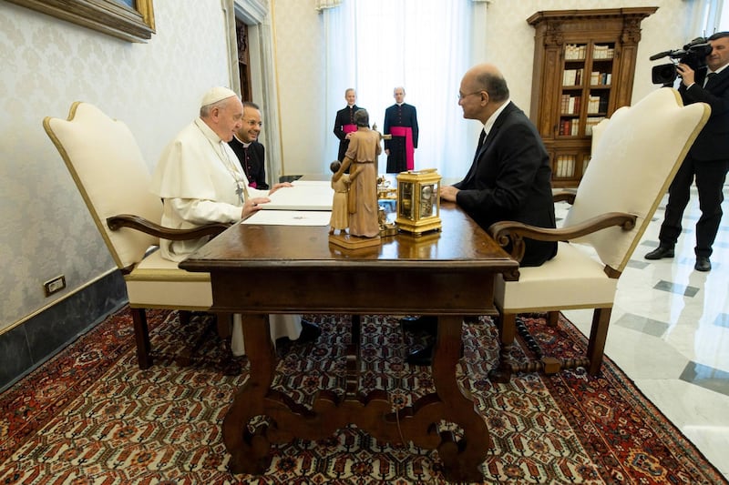 epa08163284 A handout picture provided by the Vatican Media shows Pope Francis receiving the President of the Republic of Iraq Barham Salih during a private audience  at the Vatican, 25 January 2020.  EPA/VATICAN MEDIA HANDOUT  HANDOUT EDITORIAL USE ONLY/NO SALES