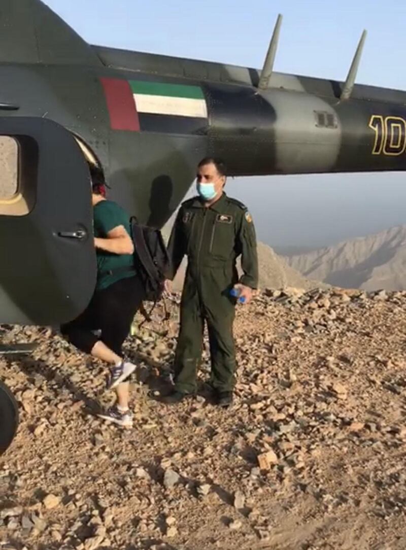A woman is rescued by Ras Al Khaimah Police's air wing team after getting lost while hiking in Wadi Ghalilah. Courtesy: RAK Police