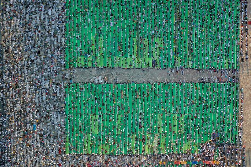 An aerial view of worshippers during Eid prayers at Skenderbej Square.