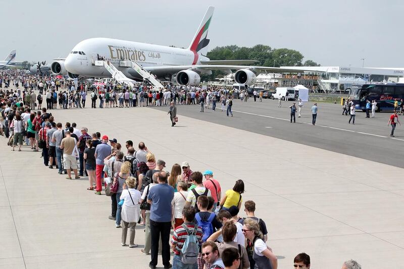 More than 13,000 visitors at the Berlin Air Show queued to have an inside look of Emirates Airline’s Airbus A380 aircraft. Courtesy Emirates Airline