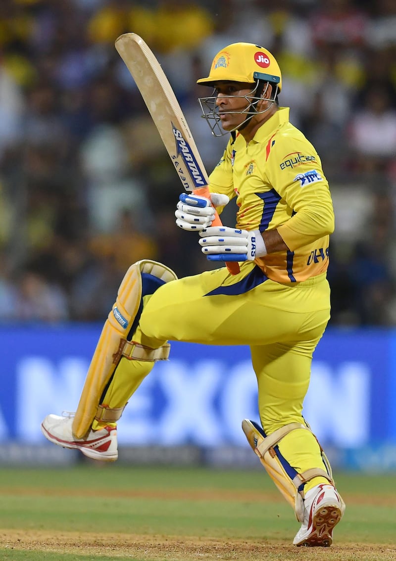 Chennai Super Kings captain MS Dhoni plays a shot during the 2018 Indian Premier League (IPL) Twenty20 first qualifier cricket match between Chennai Super Kings and Sunrisers Hyderabad at the Wankhede Stadium in Mumbai on May 22, 2018. / AFP PHOTO / PUNIT PARANJPE / ----IMAGE RESTRICTED TO EDITORIAL USE - STRICTLY NO COMMERCIAL USE----- / GETTYOUT