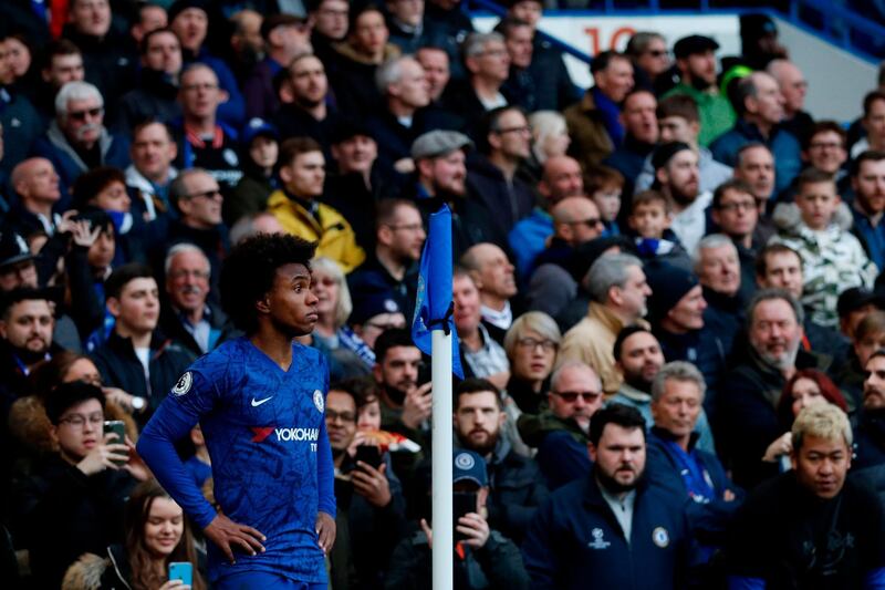 Chelsea's Brazilian midfielder Willian waits to take a corner kick during the English Premier League football match between Chelsea and Everton at Stamford Bridge in London on March 8, 2020. RESTRICTED TO EDITORIAL USE. No use with unauthorized audio, video, data, fixture lists, club/league logos or 'live' services. Online in-match use limited to 120 images. An additional 40 images may be used in extra time. No video emulation. Social media in-match use limited to 120 images. An additional 40 images may be used in extra time. No use in betting publications, games or single club/league/player publications.
 / AFP / Adrian DENNIS / RESTRICTED TO EDITORIAL USE. No use with unauthorized audio, video, data, fixture lists, club/league logos or 'live' services. Online in-match use limited to 120 images. An additional 40 images may be used in extra time. No video emulation. Social media in-match use limited to 120 images. An additional 40 images may be used in extra time. No use in betting publications, games or single club/league/player publications.
