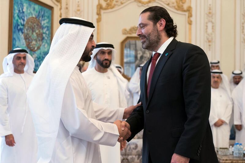 ABU DHABI, UNITED ARAB EMIRATES - October 07, 2019: ABU DHABI, UNITED ARAB EMIRATES - October 07, 2019: HH Sheikh Hamdan bin Zayed Al Nahyan, Ruler’s Representative in Al Dhafra Region (L), receives HE Saad Hariri, Prime Minister of Lebanon (R), during a Sea Palace barza. 

( Rashed Al Mansoori / Ministry of Presidential Affairs )
---
