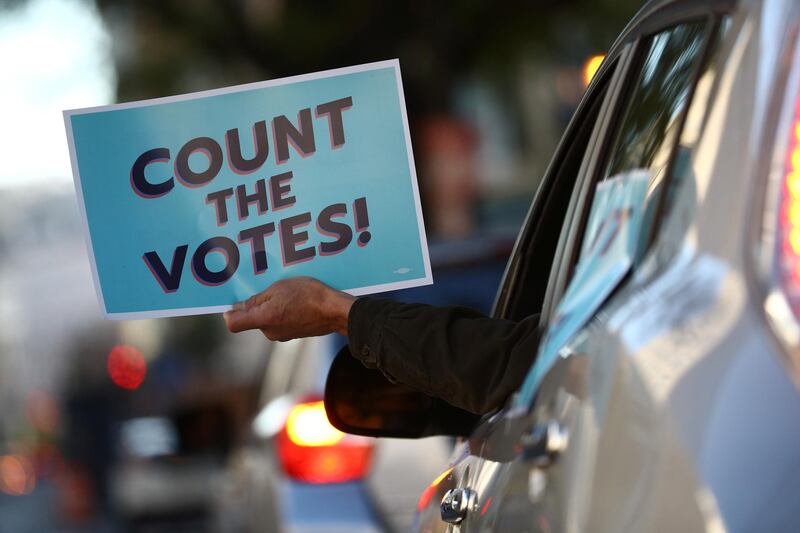 A car driver holds a sign at Black Lives Matter plaza near the White House after Election Day in Washington, DC. Reuters