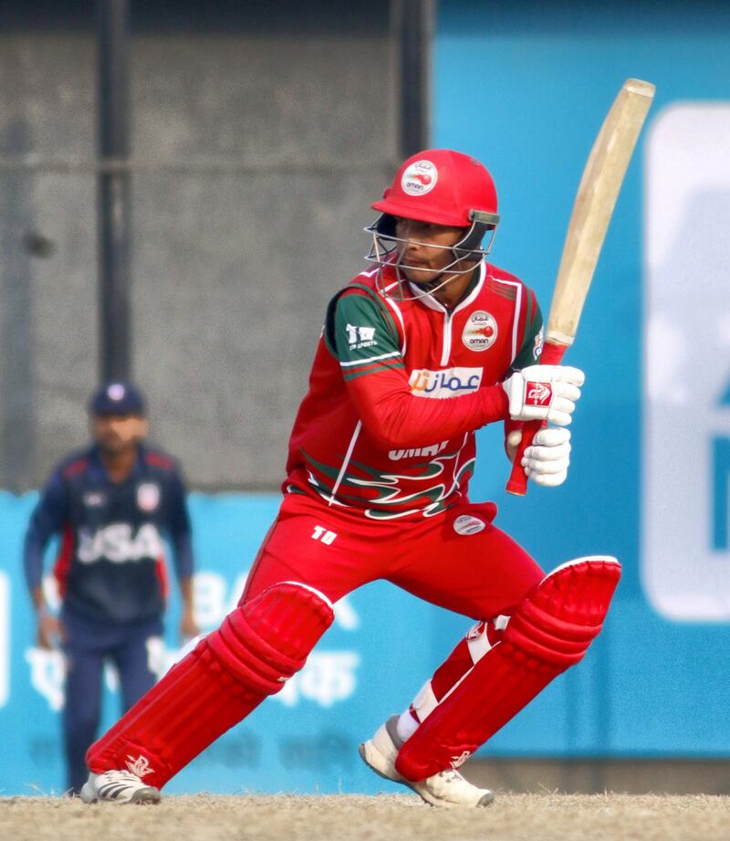 Suraj Kumar of Oman bats during the ICC Cricket World Cup League 2 match between USA and Oman at TU Cricket Stadium on 6 February 2020 in Nepal (3)
