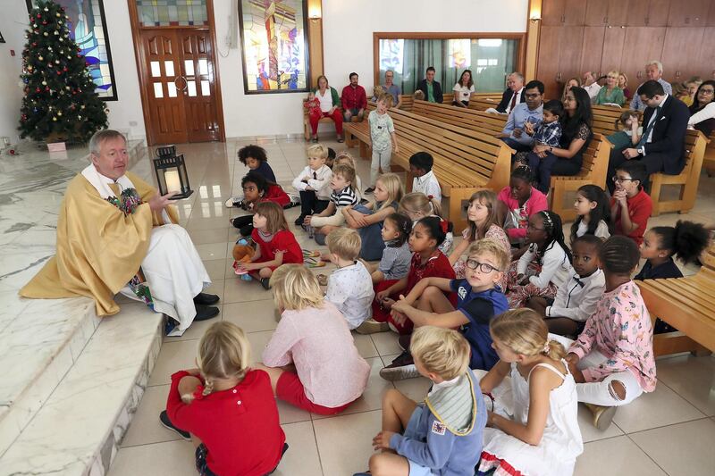 DUBAI, UNITED ARAB EMIRATES, Dec 25  – 2019 :- Jim Young (left) hosting his first Christmas Day service held at Christ church in Jebel Ali in Dubai. ( Pawan Singh / The National ) For News/Instagram. Story by Nicholas 