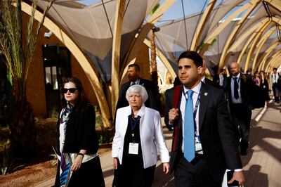 US Treasury Secretary Janet Yellen arrives for the third day of the IMF and World Bank annual meetings in Marrakech, Morocco, on Wednesday. Reuters