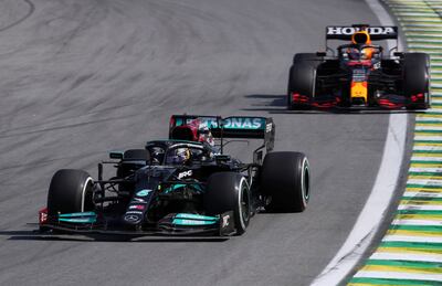 Mercedes' Lewis Hamilton leads Red Bull's Max Verstappen in Brazil. Getty