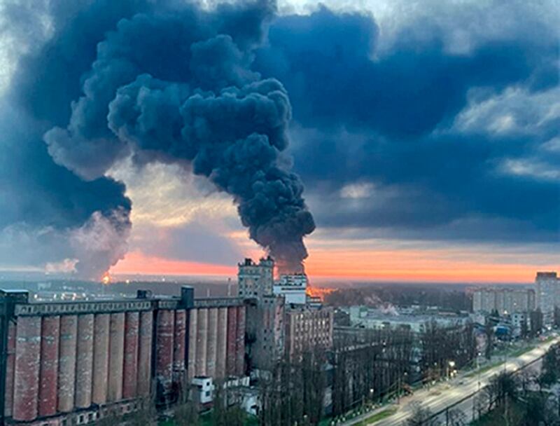 Smoke rises from an oil terminal hit by fire in Bryansk, Russia. AP