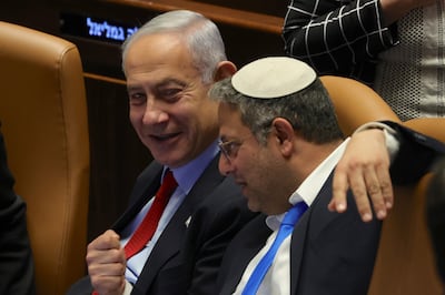 Israeli Prime Minister Benjamin Netanyahu, left, and National Security Minister Itamar Ben-Gvir in Israel's parliament. EPA