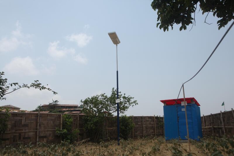A solar-powered lamppost lights the way for refugees in Cox’s Bazar, Bangladesh. 