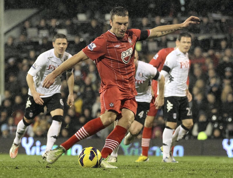 LONDON, ENGLAND - DECEMBER 26:  Rickie Lambert of Southampton takes a penalty during the Barclays Premier League match between Fulham and Southampton at Craven Cottage on December 26, 2012 in London, England.  (Photo by Clive Rose/Getty Images)