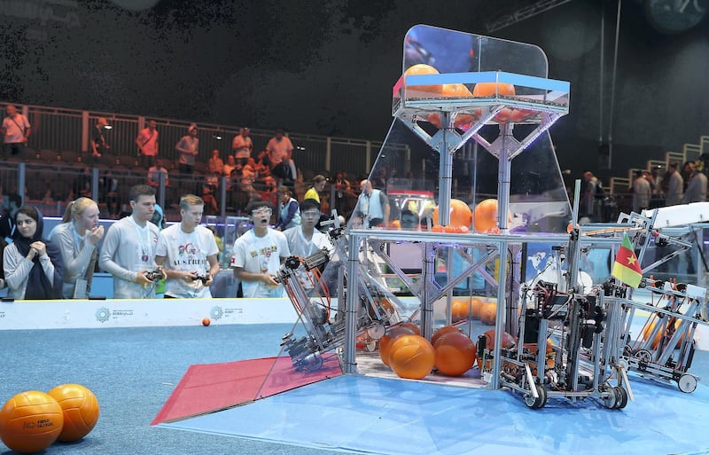 DUBAI , UNITED ARAB EMIRATES , October 26 – 2019 :-  Members of the different teams taking part in the live performance at the First Global Challenge robotics competition held at Festival Arena in Dubai. They have made robots to clean the plastic from the ocean. ( Pawan Singh / The National ) For News. Story by Patrick