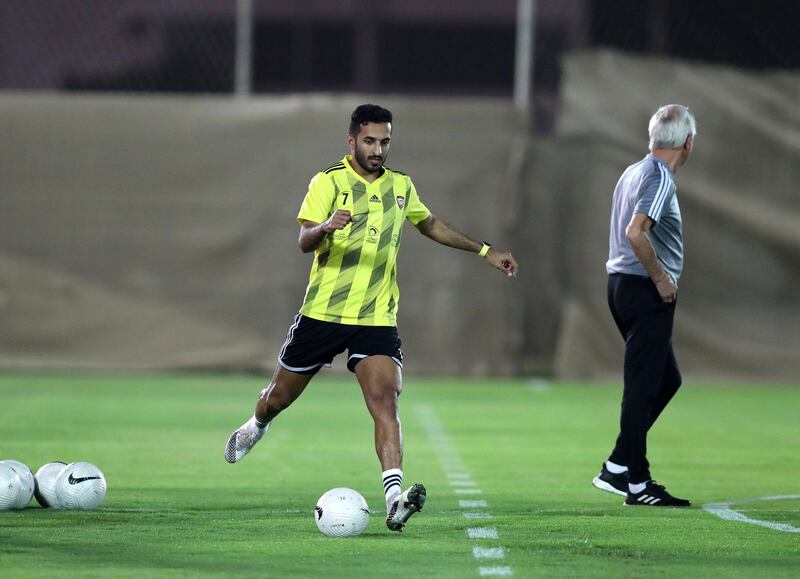UAE's Ali Mabkhout during training before the game between the UAE and Vietnam in the World cup qualifiers at the Zabeel Stadium, Dubai on June 14th, 2021. Chris Whiteoak / The National. 
Reporter: John McAuley for Sport
