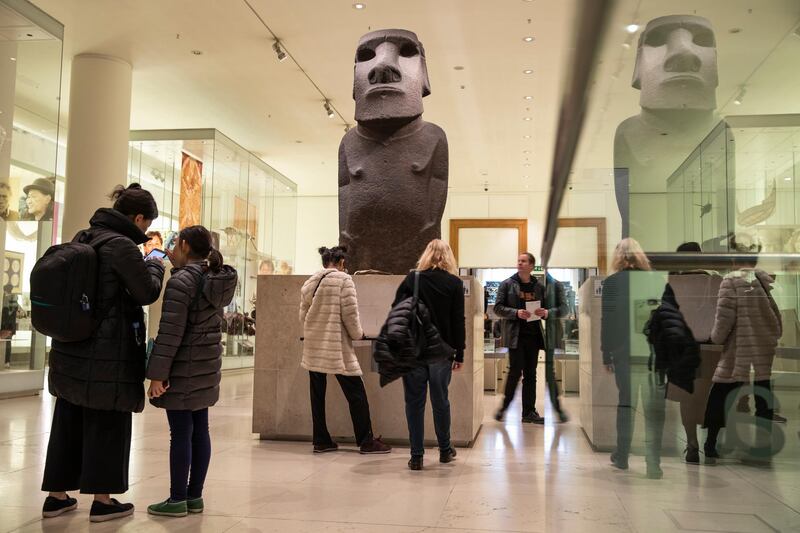 LONDON, ENGLAND - NOVEMBER 22: A basalt Easter Island Head figure, known as Hoa Hakananai'a, translated as 'lost or stolen friend' is displayed at the British Museum on November 22, 2018 in London, England. The Governor of the Easter Islands, Tarita AlarcÃ³n Rapu, has 'pleaded'  with the British Museum to return the piece, which was taken by the British members of the U.K.â€™s Royal Navy of the H.M.S. Topaze in 1868. (Photo by Dan Kitwood/Getty Images)