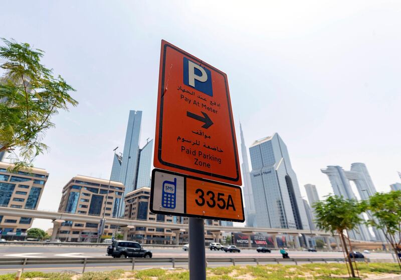 Dubai, United Arab Emirates - Reporter: N/A. Standalone. General View of a parking sign in Downtown Dubai. Sunday, August 23rd, 2020. Dubai. Chris Whiteoak / The National