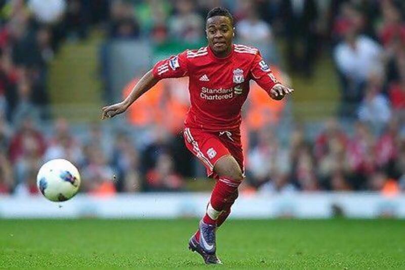 LIVERPOOL, ENGLAND - MARCH 24: Raheem Sterling of Liverpool in action during the Barclays Premier League match between Liverpool and Wigan Athletic at Anfield on March 24, 2012 in Liverpool, England. (Photo by Laurence Griffiths/Getty Images) *** Local Caption *** Raheem Sterling