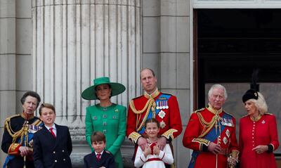 From left, Anne, Princess Royal; Prince George; Kate, Princess of Wales; Prince Louis; Prince William; Princess Charlotte; King Charles and Queen Camilla on the balcony of Buckingham Palace as part of Trooping the Colour parade to honour Britain's King Charles on his official birthday on June 17. Reuters 