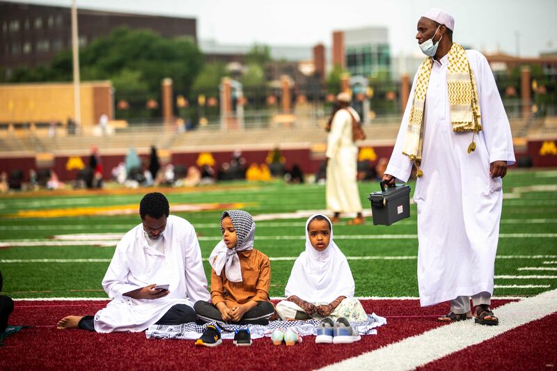 Muslims gather at the Huntington Bank Stadium during Eid Al Adha prayers and festivities in Minneapolis, Minnesota, in the US.