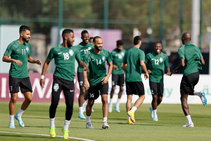 Saudi Arabia midfielder Abdullah Otayf, centre, and teammates take part in a training session for their World Cup opener against Argentina. AFP