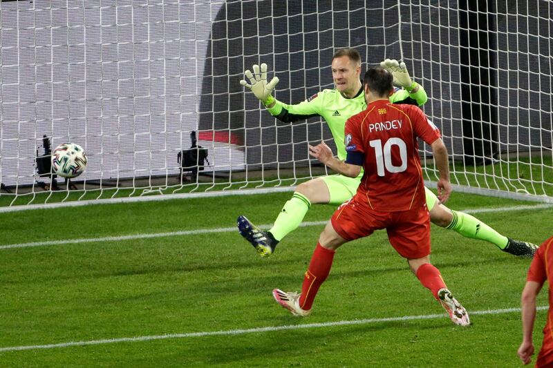 North Macedonia's Goran Pandev scores his side's first goal. AP