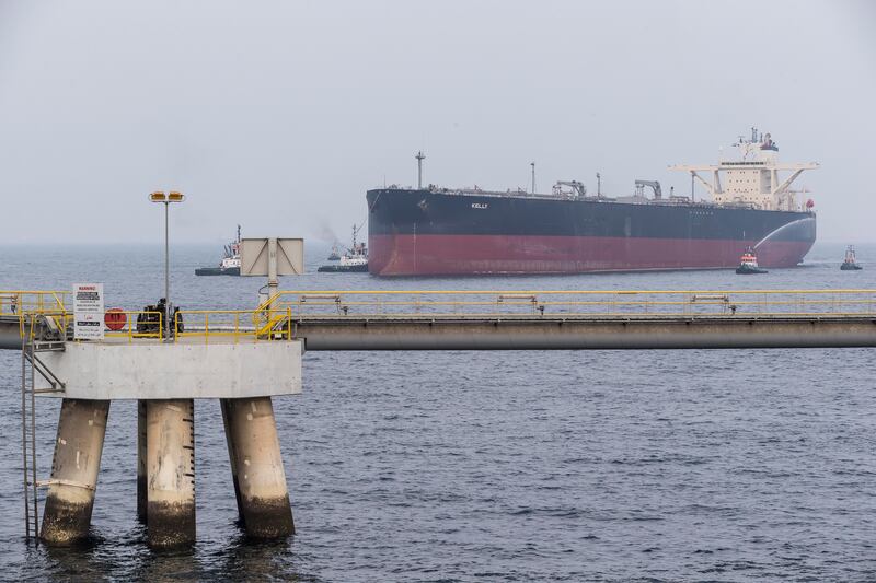 FUJAIRAH, UNITED ARAB EMIRATES, 21 SEPTEMBER 2016. A VLCC or Very Large Crude Carrier docks at the Fujairah Oil Tanker Terminal VLCC Birth 1 jetty in the Port of Fujairah on the day of the inauguration ceremony. (Photo: Antonie Robertson/The National) ID: 81649. Journalist: Ruba Haza. Section: Business. *** Local Caption ***  AR_2109_VLCC_Tanker_Terminal-20.JPG