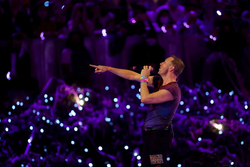 Chris Martin of the band Coldplay performs at Expo 2020 Dubai.