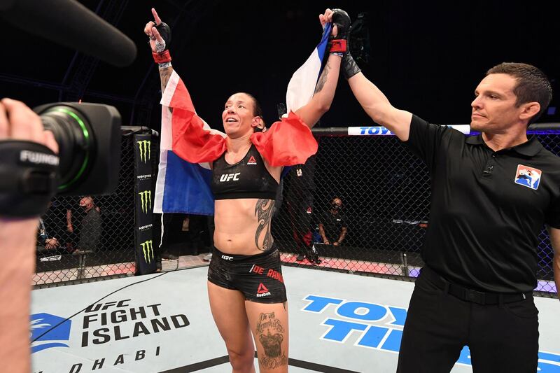 ABU DHABI, UNITED ARAB EMIRATES - OCTOBER 04:  Germaine de Randemie of The Netherlands celebrates after defeating Julianna Pena in their women's bantamweight bout during the UFC Fight Night event inside Flash Forum on UFC Fight Island on October 04, 2020 in Abu Dhabi, United Arab Emirates. (Photo by Josh Hedges/Zuffa LLC)